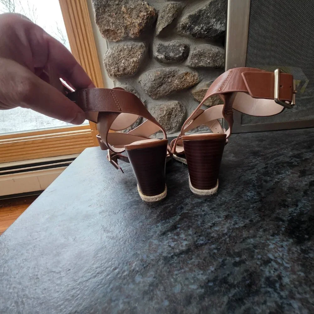 Essex Lane Brown Leather Strappy Wedge Sandals Size 9M